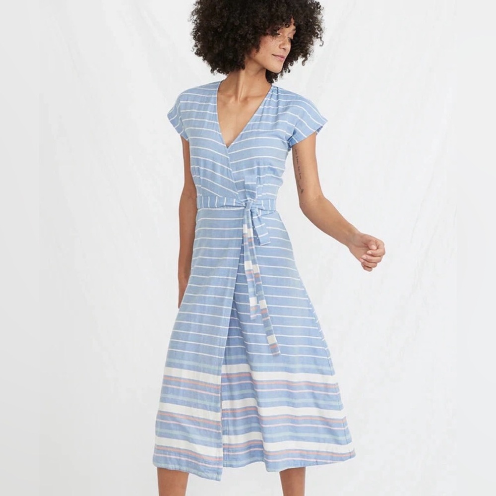 Marine Layer Light Blue and White Striped Midi Wrap Dress